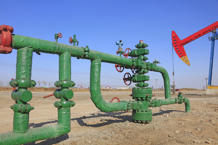 Oil pipeline and pumping unit, closeup of photoのeditorial素材