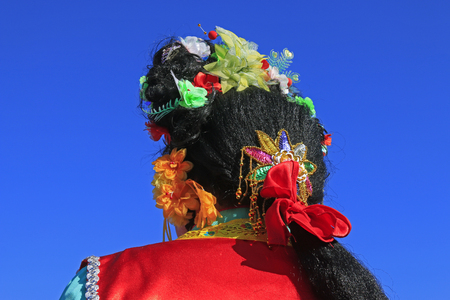 Chinese traditional style yangko folk dance performance headwear, luannan County, hebei Province, Chinaの写真素材