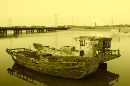 broken boat and bridges, closeup of photoのeditorial素材
