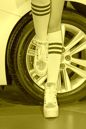 Sportswear cloth socks white shoes, closeup of photoのeditorial素材