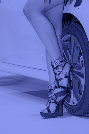 wheels and novel high heels in a auto showのeditorial素材