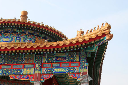 Painted brackets and glazed tile decorationの写真素材