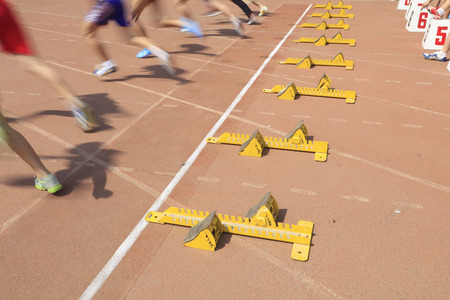 short distance runner and starting blocksのeditorial素材