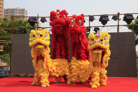 Luannan County - June 16, 2016: Chinese traditional lion dance performance at the temple fair,...