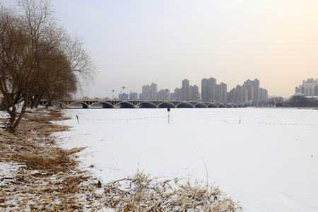 Urban buildings in the snow, Chinaの写真素材