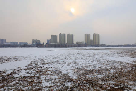Urban buildings in the snow, Chinaのeditorial素材