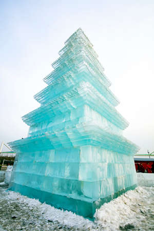 Pagoda-shaped ice sculpture in the park, Tangshan City, Chinaのeditorial素材