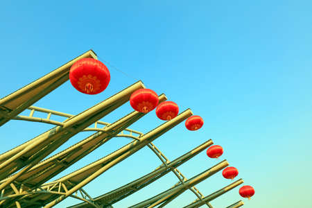Chinese traditional lanterns and steel structuresの写真素材