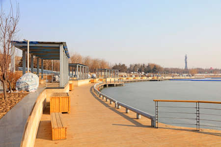 Park building scenery at the water's edgeの写真素材