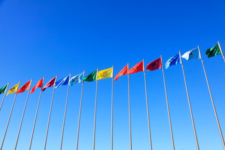 Tangshan City-February 11, 2017: Flag of Tangshan World Horticultural Exposition, Tangshan City, Hebei Province, Chinaのeditorial素材