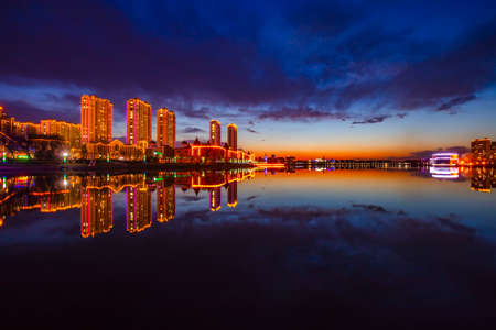 Waterfront City Nightscape, Luannan County, Chinaの写真素材