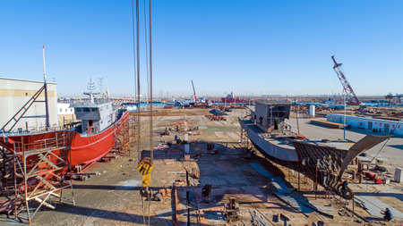Ships under construction, in a shipyard, Luannan County, Hebei Province, Chinaのeditorial素材