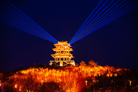 Tangshan City-February 10, 2019: The Architectural Landscape of Chinese Traditional Pavilion in Nanhu Park, Tangshan City, Hebei Province, Chinaのeditorial素材