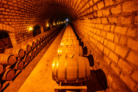 Oak barrels in wine cellars, Changli County, Hebei Province, Chinaのeditorial素材