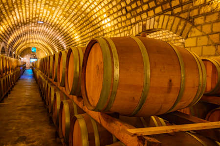 Oak barrels in wine cellars, Changli County, Hebei Province, China