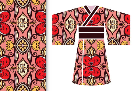 Decorative stylized Japanese kimono ethnic clothes with seamless floral pattern.のイラスト素材