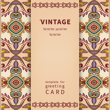 Invitation card in vintage style with lace pattern, tribal ethnic ornamental background.のイラスト素材