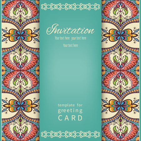 Invitation card in vintage style with lace pattern, tribal ethnic ornamental background.のイラスト素材