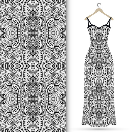 Fashion illustration, women's dress on a hanger with seamless geometric lace pattern, invitation card designのイラスト素材