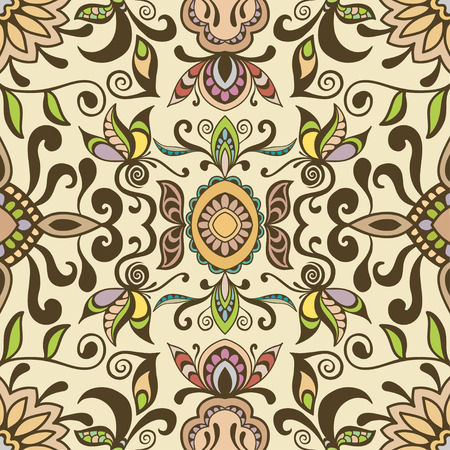 Vector seamless pattern, floral geometric ornament, tribal ethnic arabic indian motif. Hand drawn abstract sketchy background. Repeating fabric textureのイラスト素材