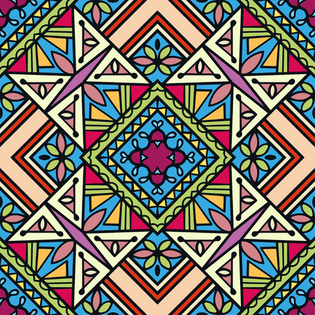 Vector seamless pattern, floral geometric ornament, tribal ethnic arabic indian motif. Hand drawn abstract sketchy background. Repeating fabric textureのイラスト素材