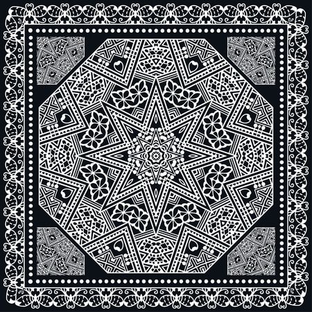Abstract graphic background, square geometric pattern with frame, tribal ethnic ornament. Black bandanna shawl fabric print, silk neck scarf or kerchief design, illustration.のイラスト素材