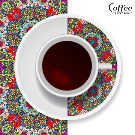 Cup of coffee with colorful ornament on a saucer and vertical seamless floral geometric pattern. Business coffee break concept, interior design background. Isolated coffee cup and plate decor elementsのイラスト素材