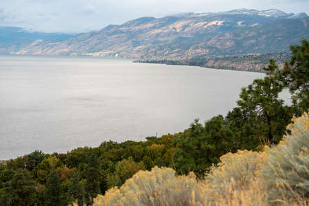 Scenic view of Okanagan Lake and blue sky in autumn in Penticton, BC, Canada