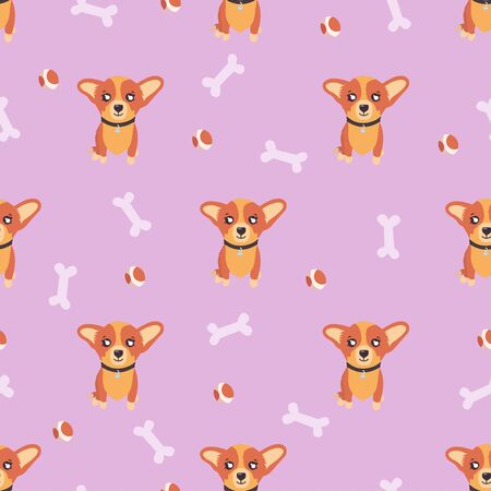 Dog seamless pattern, corgi puppy on pink background with bones and balls. Vector illustration in cute cartoon styleのイラスト素材