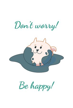 Dirty pomeranian puppy card. Dont worry, be happy. Vector illustration in cute cartoon styleのイラスト素材