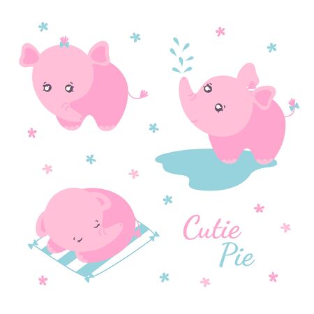 Set of cute pink elephants on white background with flowers. Vector illustration in cartoon styleのイラスト素材