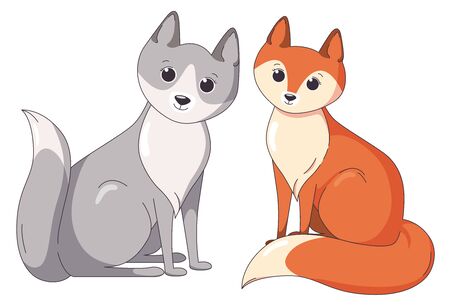 Fox and wolf sitting together. Forest predators. Vector illustration in cute cartoon styleのイラスト素材