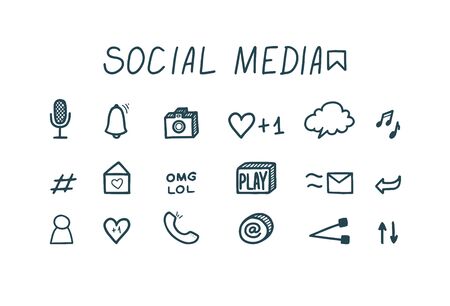 Set of social media doodle icons. Audio messages, likes, reposts and other media icons. Vector illustration in cute styleのイラスト素材