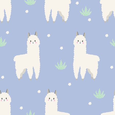 Cute standing lama on the turquoise background. Vector illustration in cartoon styleの写真素材