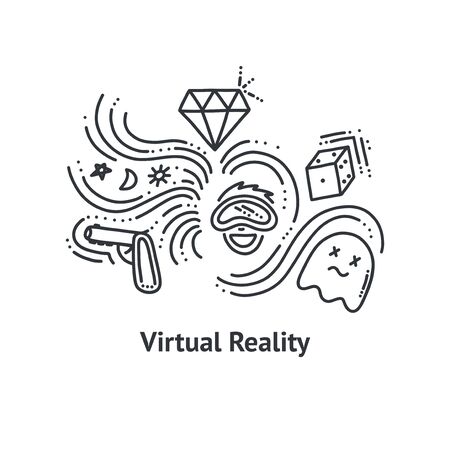 Virtual reality print in doodle style. Outline vector illustrationのイラスト素材