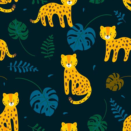 Jungle seamless pattern with leopards and leaves in dark blue background. Tropical vector illustration in flat styleのイラスト素材