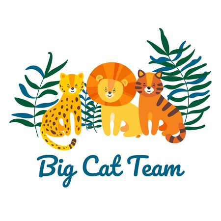 Big cat team with leopard, lion and tiger sitting together. Floral ornament and inscription. Isolated vector illustration in flat styleのイラスト素材