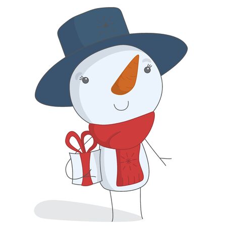 Snowman in a hat and a scarf carrying Christmas present. Vector in cartoon styleのイラスト素材