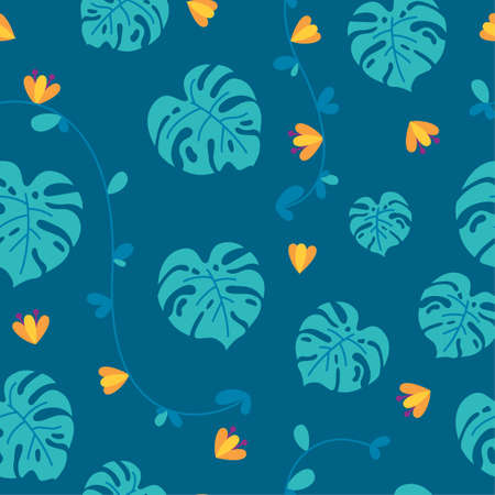 Jungle seamless pattern with flowers, monstera leaves and lianas in blue background. Tropical plants in repeatable ornament. Vector illustration in flat styleのイラスト素材