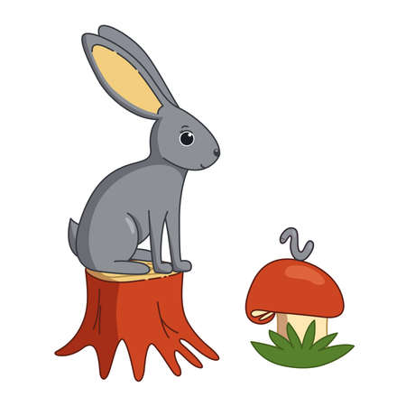 Cute bunny at the stump and worm at the mushroom. Vector illustration in cartoon styleのイラスト素材