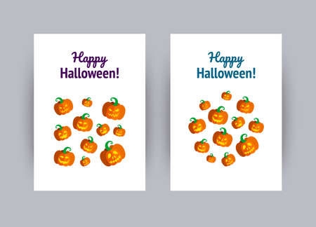 Greeting card for Halloween party. Set of carved Halloween pumpkins. Vector illustration in flat styleのイラスト素材