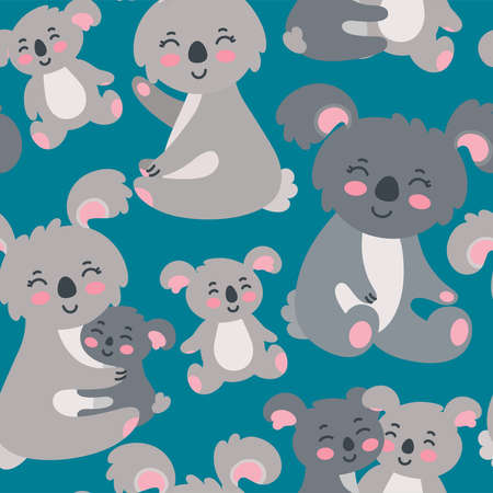 Seamless pattern with koala family on blue background. Happy koalas parents and two children, hugs and love. Vector illustration in cute flat styleのイラスト素材