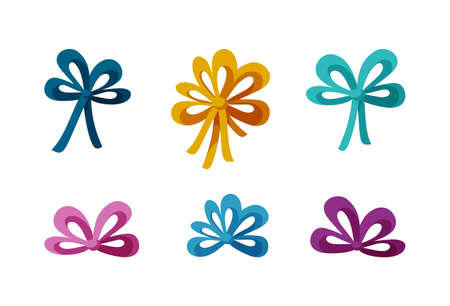 Set of colorful festive bows. Ribbon accessoiry for presents and decoration. Flat vector illustration isolated in white backgroundのイラスト素材