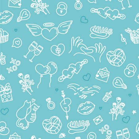 Seamless pattern with symbols of love, romantic relationship and affection. Vector illustration in doodle styleのイラスト素材