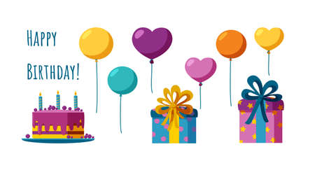 Birthday accessories in colorful set. Balloons, cake and presents for happy birthday. Flat vector illustration isolated in white backgroundのイラスト素材