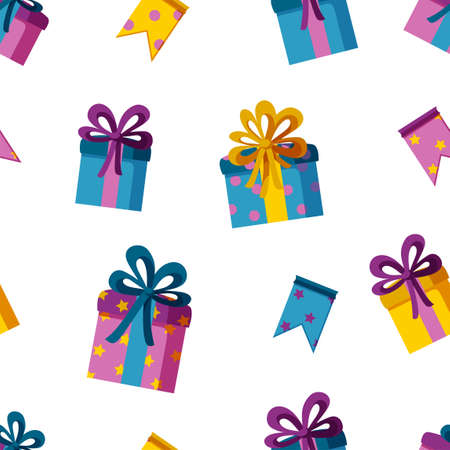 Presents and flags in seamless pattern. Pattern for wraping paper, backgrounds, textile and fabric. Flat vector illustration in white backgroundのイラスト素材