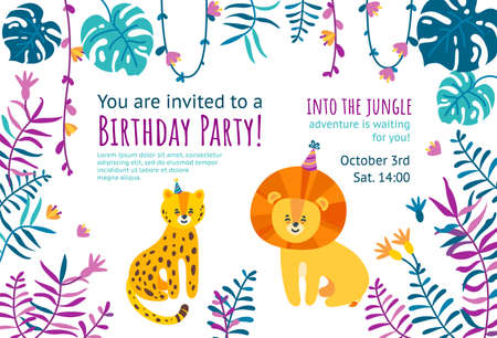 Birthday invitation card with cute little leopard and lion. Ready-made horizontal invitation design for birthday parties. Colorful falt vector illustration with jungle leaves frame.のイラスト素材