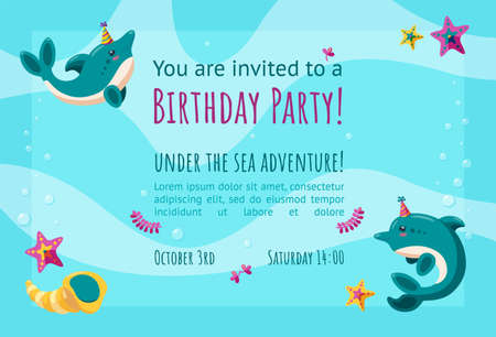 Birthday invitation card with cute little dolphins, starfish and seashells. Ready-made invitation design for birthday parties. Colorful falt vector illustration in background with waves.のイラスト素材