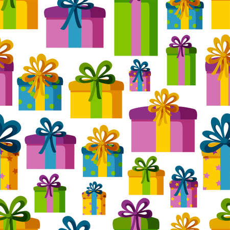 Seamless pattern with present boxes in colorful wrapping paper. Pattern for holyday designs. Vector illustration in flat styleのイラスト素材