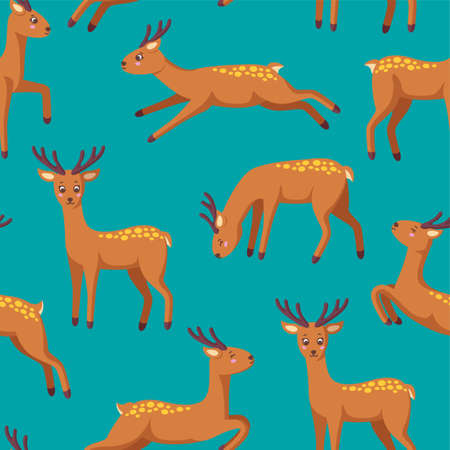 Cheerful reindeers in seamless pattern for various prints and designs. Jumping, standing, running, drinking reindeer in cartoon style. Vector illustration in blue seamless backgroundのイラスト素材